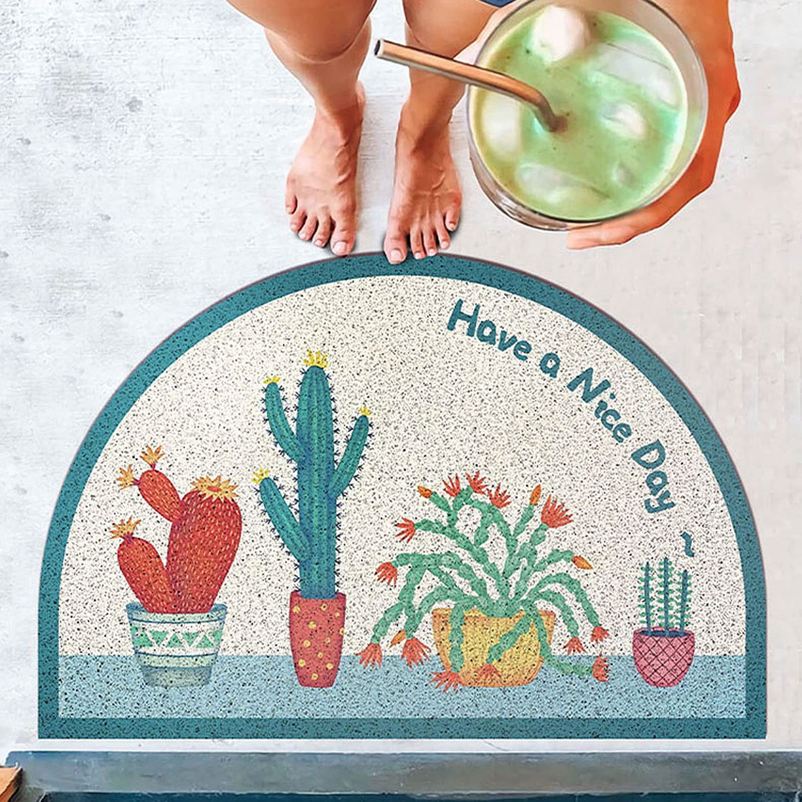 Tapete de bienvenida, semicircular antideslizante, con patrón floral botánico verde, felpudo de entrada interior para decoración del hogar, tapete para entrada
