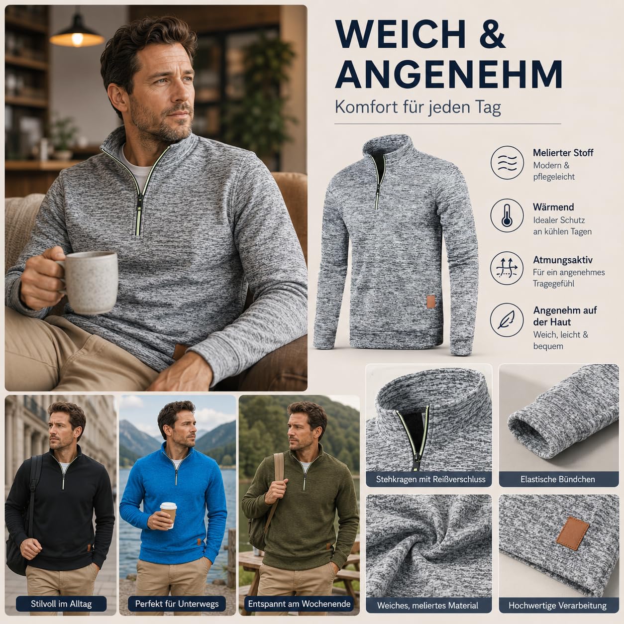 Pullover Herren Half Zip Ohne Strickpullover Kapuze Männer für Solid Arbeitspullover Oversize Winter Sport Turtleneck Sweater Men Alphanumerisch Langarmshirt Winterpullover