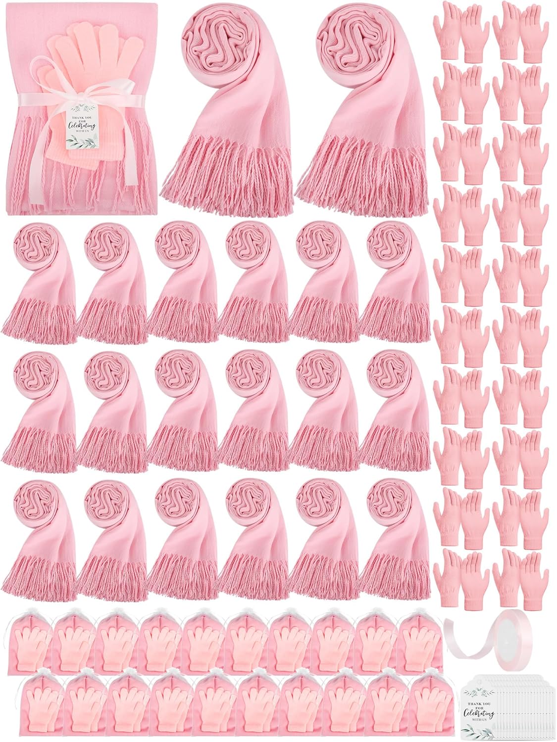Hercicy 20 Set Winter Pashmina Shawl Wrap Glove Bulk Warm Women Wedding Favor Gift Thank Card Organza Bag Guest Bridal Shower Pink - Image 1 of 6