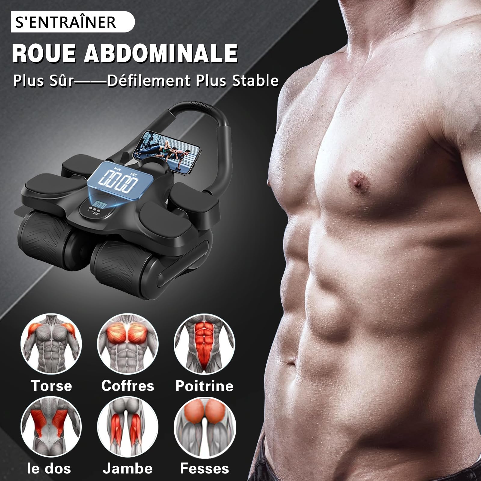 Roue Abdominale, Roue Abdominale à Rebond Automatique Conception à Quatre Roues Empattement Plus Large, Appareil Abdominaux Femme Convient au Bureau, à L'extérieur et à La maison