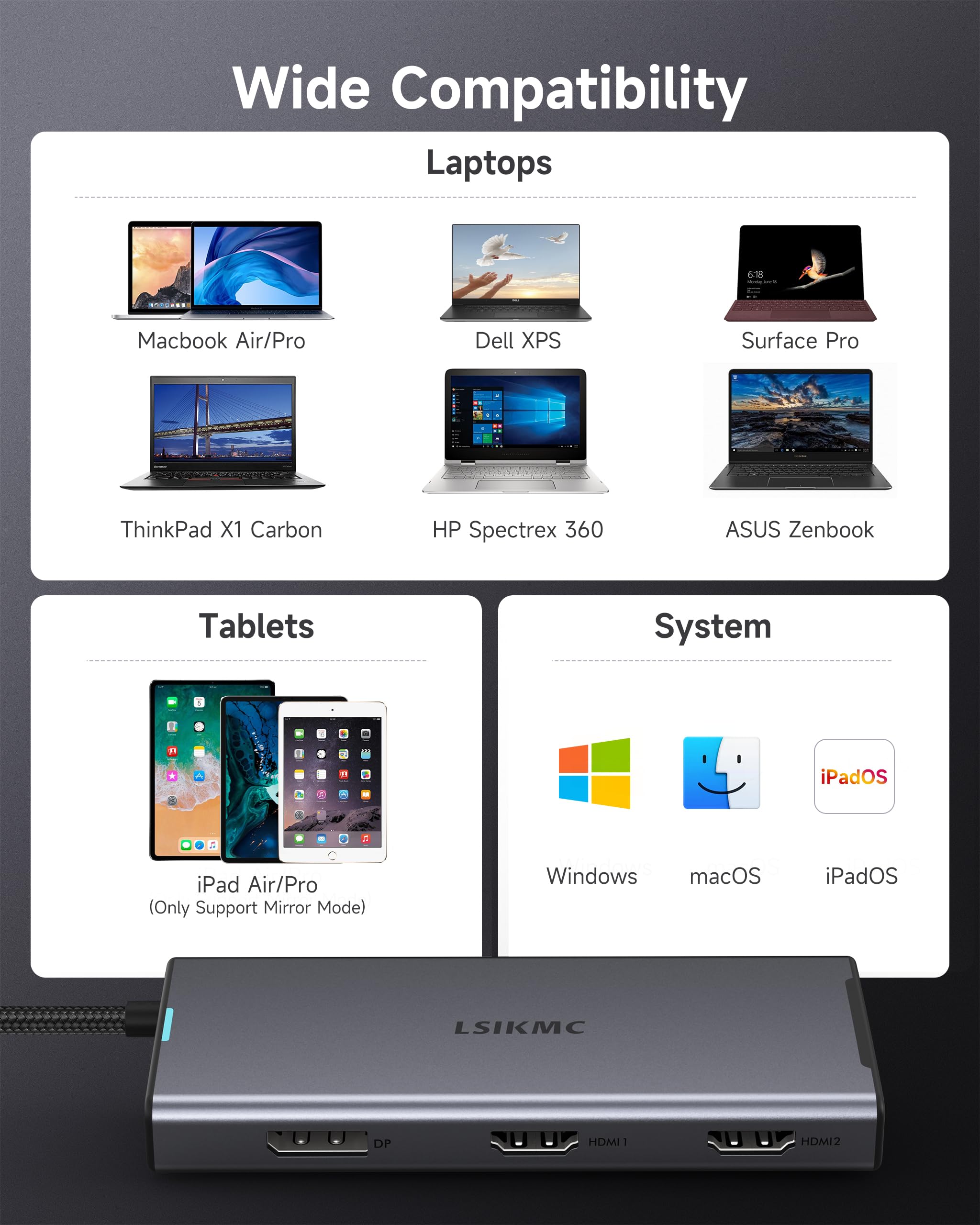 Estación de acoplamiento USB C, estación de acoplamiento 7 en 1 3 monitores con doble HDMI 4K@60Hz y DisplayPort único (8K@30Hz/4K@144Hz), 100W PD, 10Gbps 3USB, USB C Hub compatible con HP/Dell/Lenovo