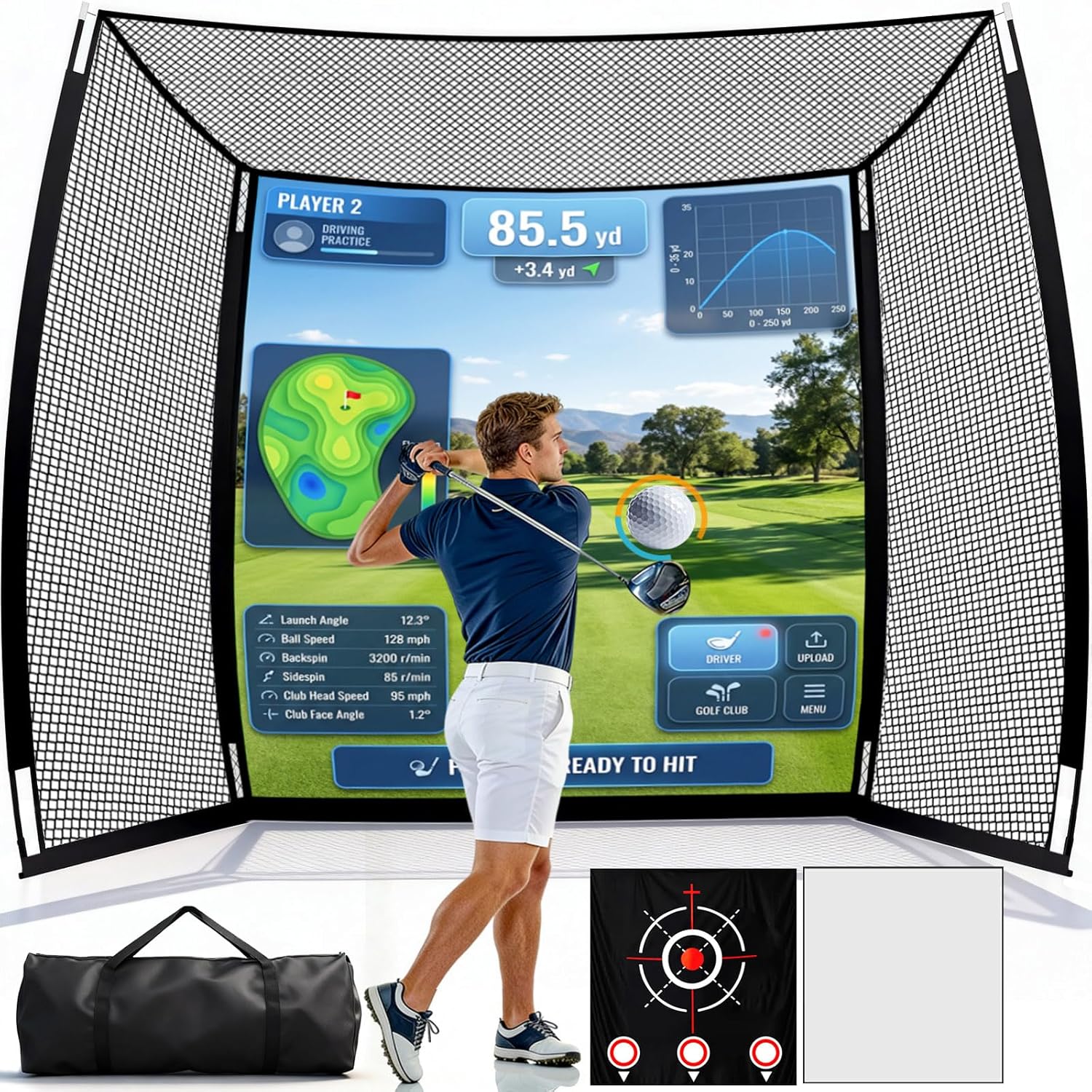 Golf Practice Hitting Net 11x8 FT, 3 in 1 Golf Range Cage with Blank Simulator Screen, Target Cloth and Barrier Net, Extra Large Indoor Outdoor Golf Training Nets with Carry Bag