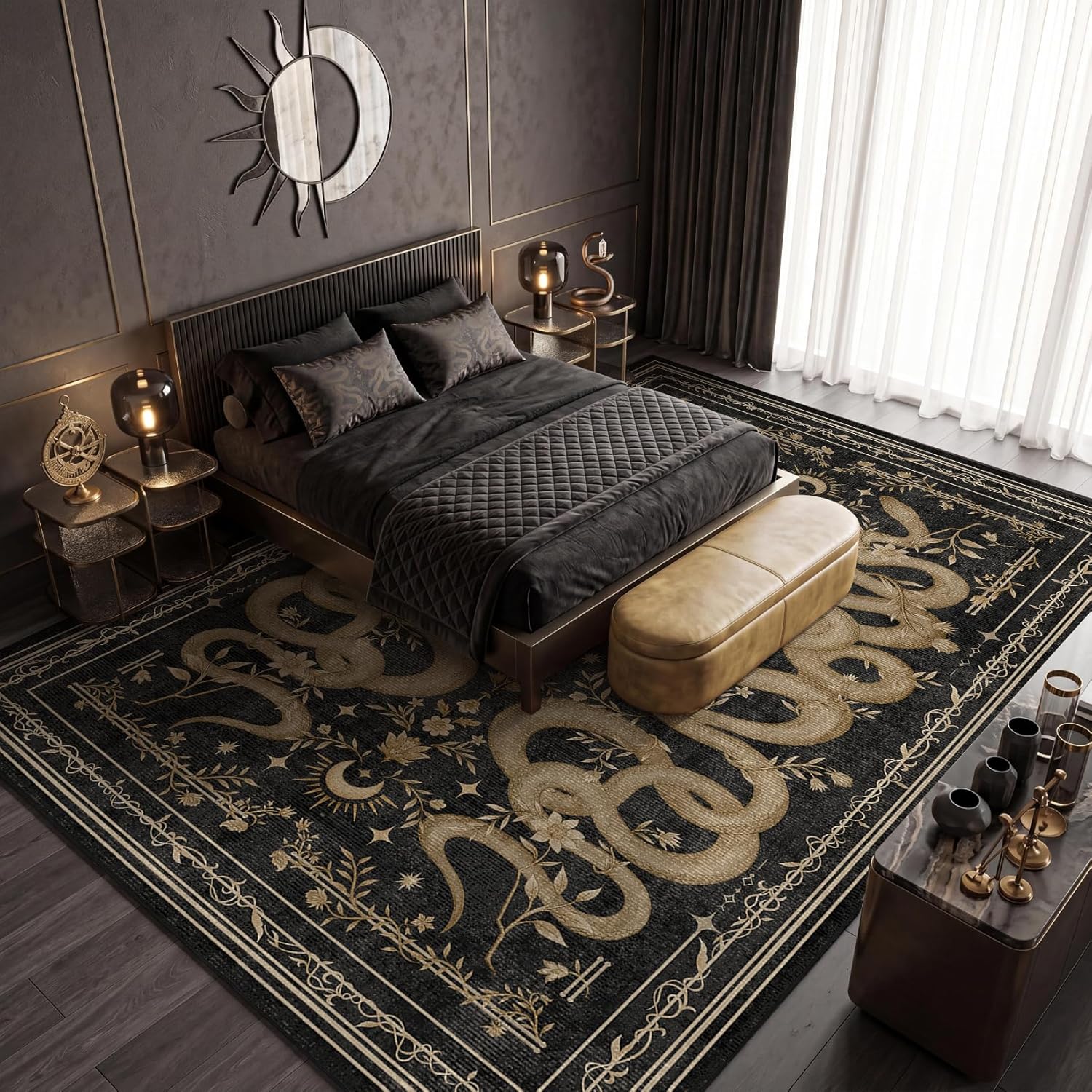 Garvee Snake Gothic 8x10 Area Rug Dark Whimsical Moody Witchy Unique Soft Thin Large Carpet for Living Room Bedroom Dining Room Playroom Indoor Decor Low Pile TPE Backing Black Gray