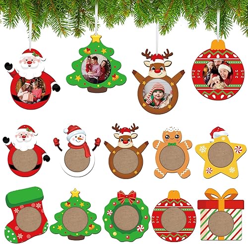 Adornos de madera de Navidad para decoración del árbol de Navidad, marco de fotos de Papá Noel, adorno colgante para decoración del hogar (juego de