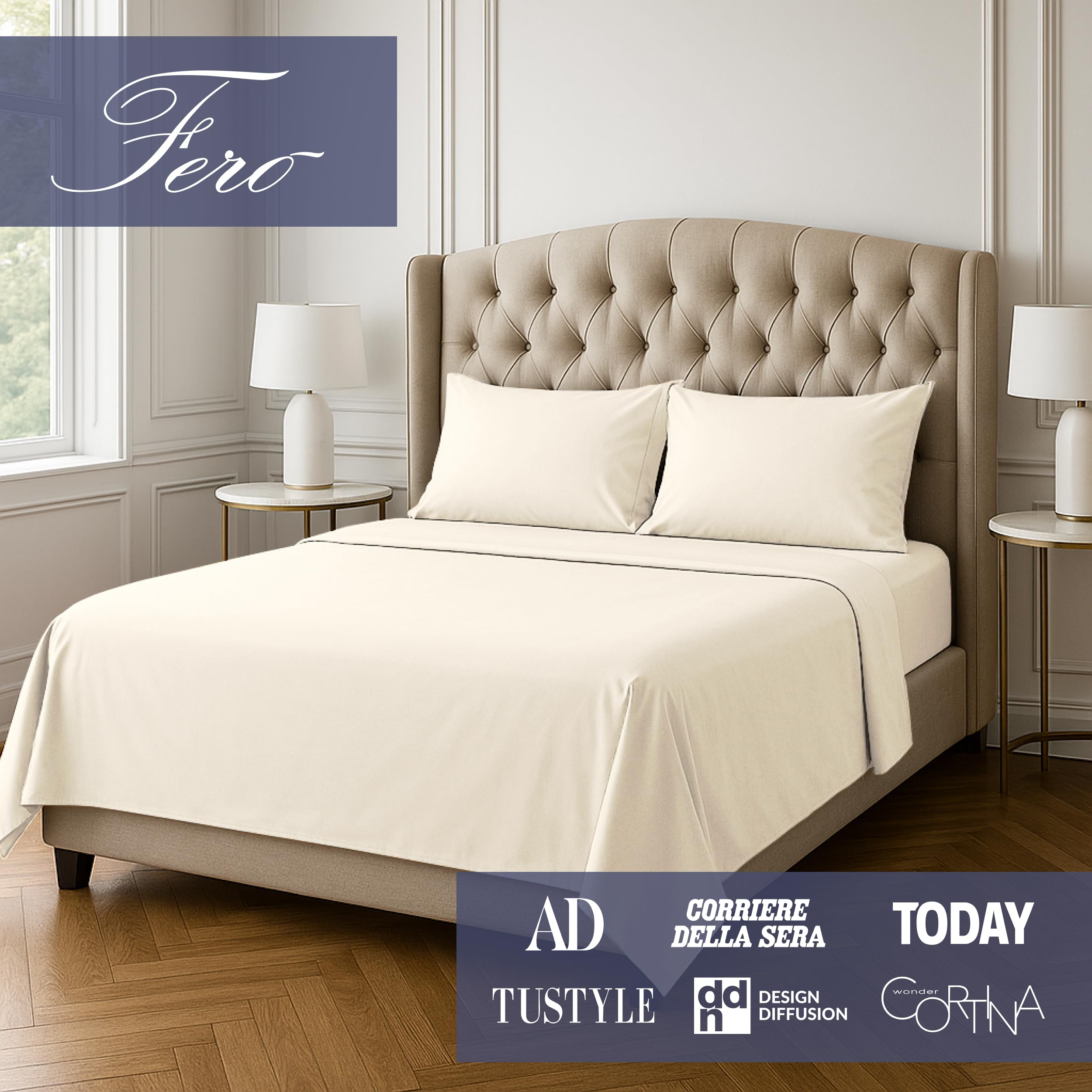 Ferò Completo Letto, Completo Lenzuola Matrimoniali Cotone di Lusso 4 Pezzi, Proteine della Seta, Lenzuolo Angoli 160x200, 2 Federe 50x80, Design Italiano, Raso di Cotone 300TC OekoTex, Bianco Avorio