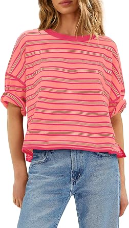 Yanekop Womens Oversized Shirts Striped Half Sleeve Tops Casual T Shirts | Crew Neck Short Sleeve Summer T Shirts, Loose Fit Basic Tees Blouse, Color Block Going Out Tops