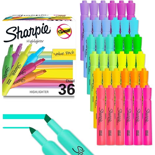 Sharpie Tank Highlighters, Chisel Tip, 12 Assorted Fashion Colors, Value Pack, 36 Count - For Studying, Note-Taking, School, College, Office, Student & Teacher Supplies