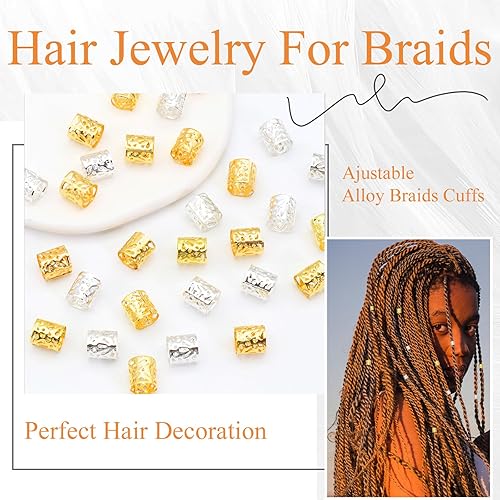 Miniatura 6 de Puños de metal para el cabello, 100 cuentas de rastas doradas y plateadas, joyería para el cabello, accesorios trenzados para mujeres y hombres