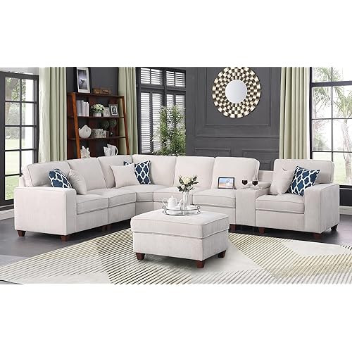 127" L-Shaped Sectional Couch with Movable Ottoman & 6 Throw Pillows,7 Seat Chenille Upholstered Sofa W/2 Cup Holder,USB Port & Hidden Storage Box,DIY Combination,for Living Room,Apartment,Beige