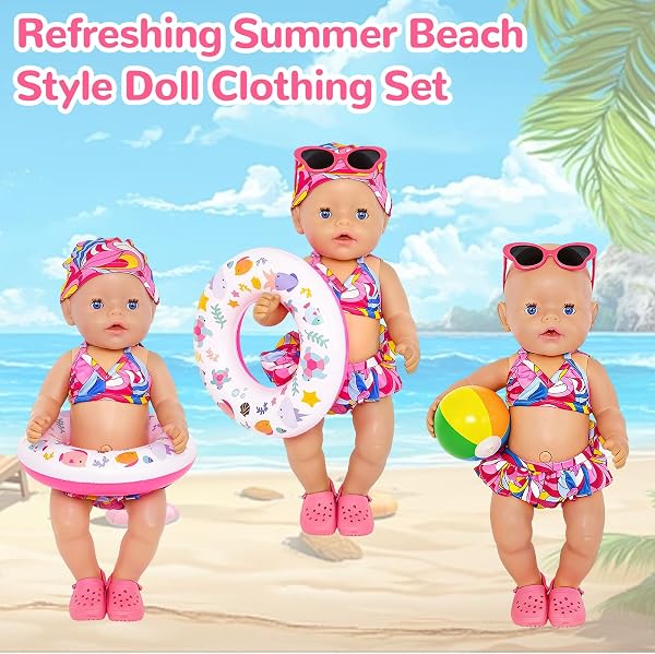 Atomvia Puppenkleidung Bikini Schwimmset für 35–45 cm Puppen, Sommer Puppen Outfit mit Schwimmring für Taille Strandball Sonnenbrille Hausschuhe Zubehör Geschenk für Mädchen - 4