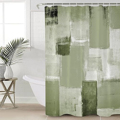 Miniatura 4 de Sage Green Geometric Shower Curtain, Modern Abstract Smear Street Art Waterproof Washable Boho Funny Cute Shower Curtains Set for Bathroom Farmhouse