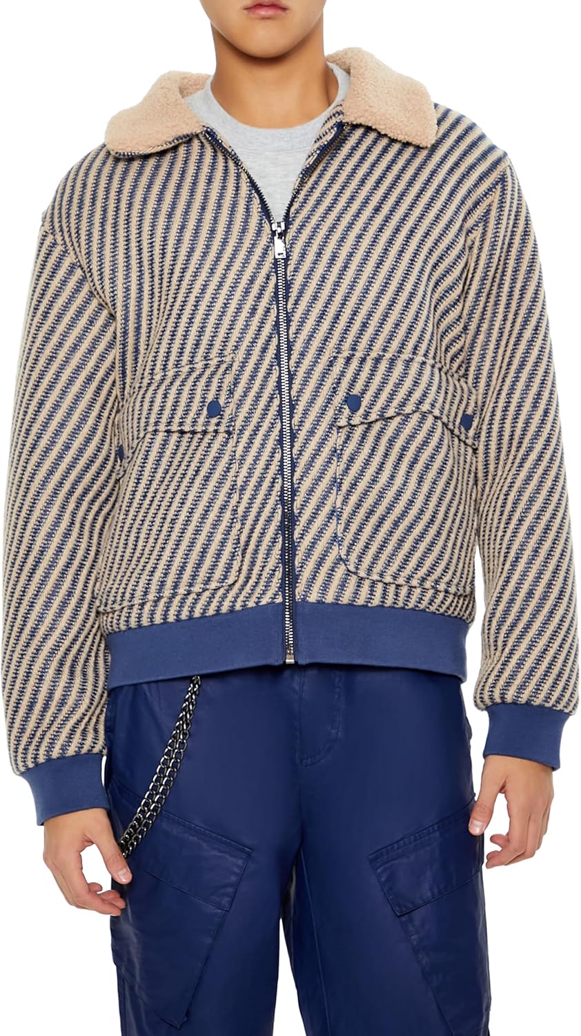 Forever 21 mens Faux Shearling-collar Striped Jacket
