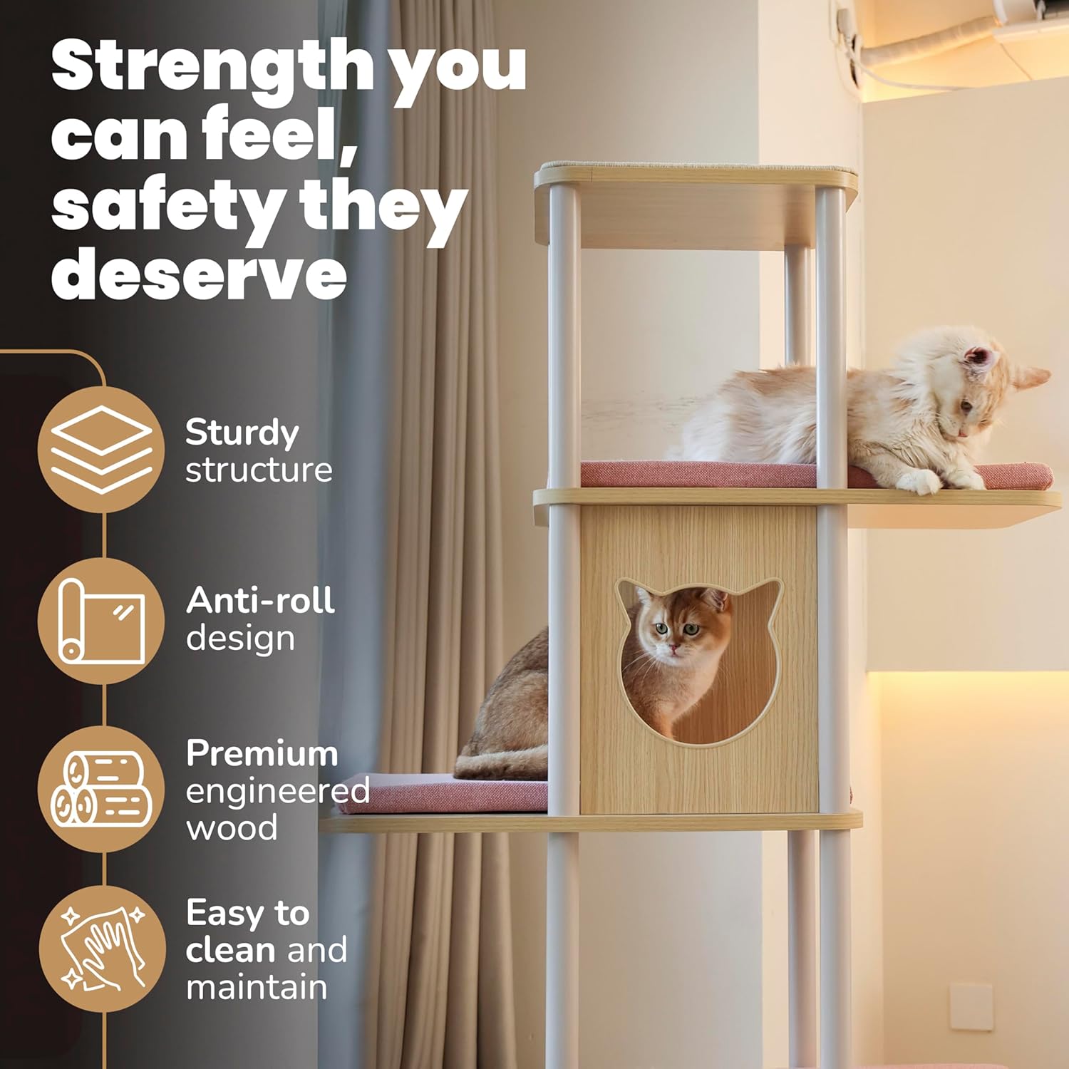 Modern Large Cat Tree, 62" Tall with XL 25.6" Platforms, 60 lbs Heavy Build — Redefining Cat Furniture with Stability, Space & Style for Big Cats (Pink)