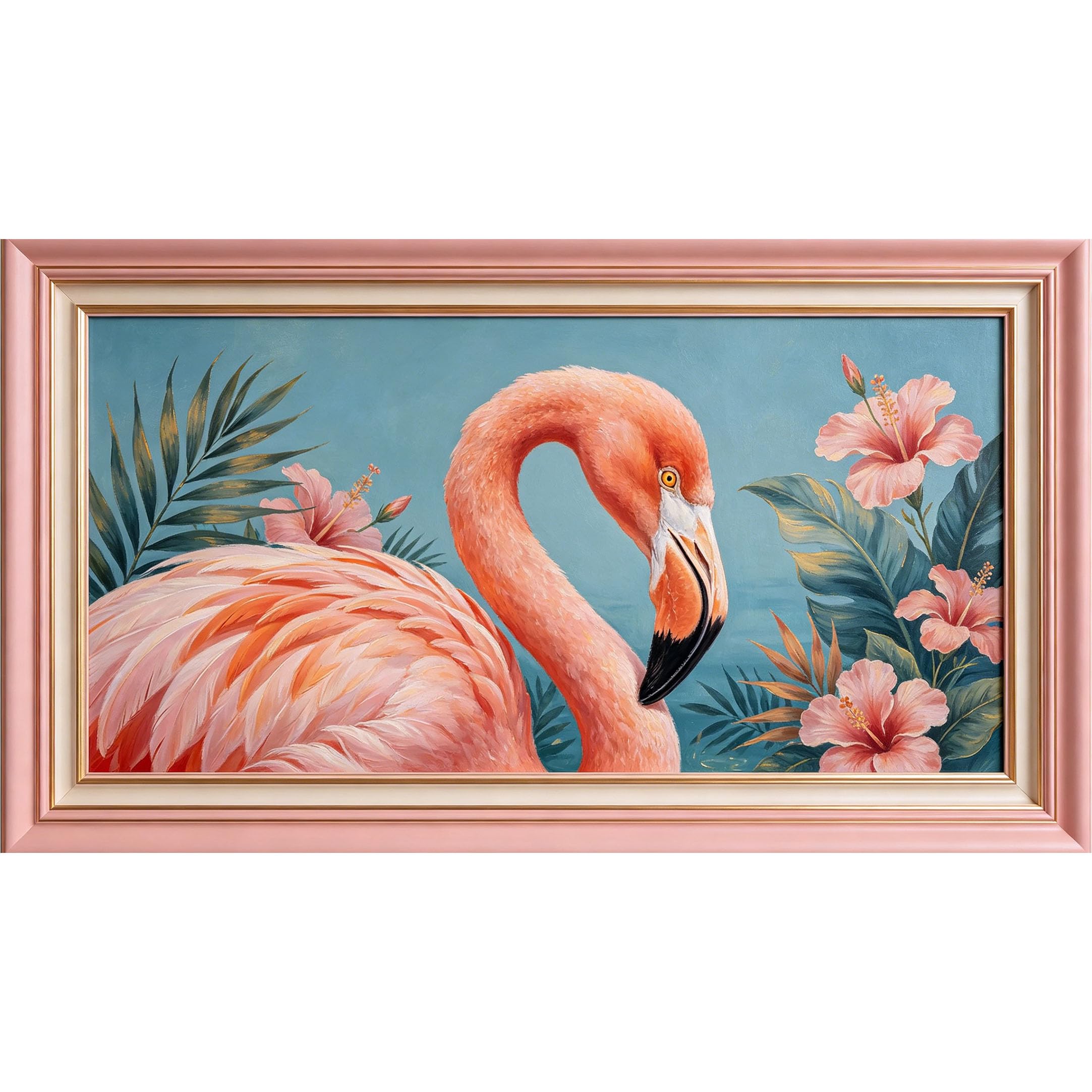 QZLITHOTIC 50x90cm3D Framed Wall Art， Tropical Flamingo with Hibiscus Botanical Self‑Adhesive Mural， Water‑Activated Peel & Stick Fabric Decor Wall Decal for Bedroom Living Room