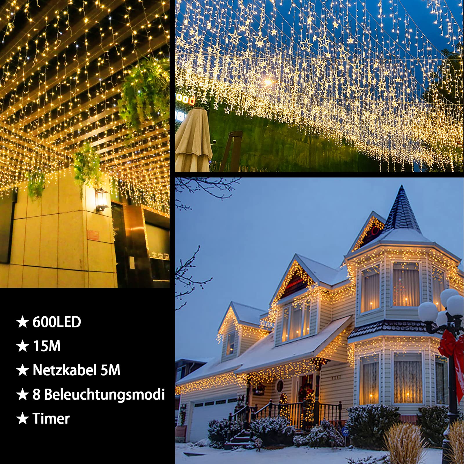 interGo Lichterkette Eisregen Außen, 15m 600er LED Lichtervorhang LED mit Timer, IP44 wasserdicht 8 Modi für Innen Außen Weihnachten, Schlafzimmer, Party, Hochzeit, Balkon, Garten Deko