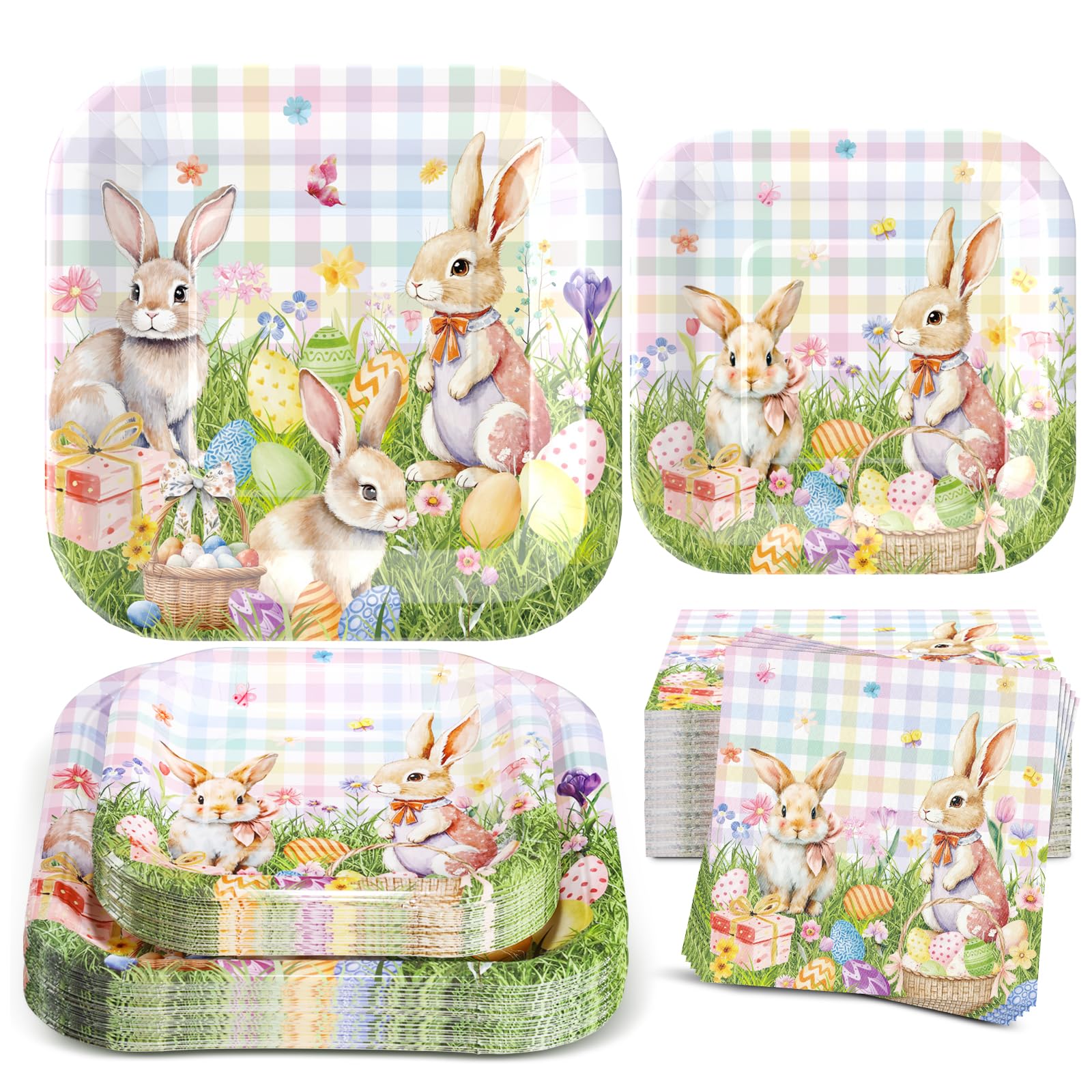 Glinarious Easter Pates and Napkins -Square Easter Paper Plates 9" Bunny Gingham Egg Plates 7" for Spring Party Decorations