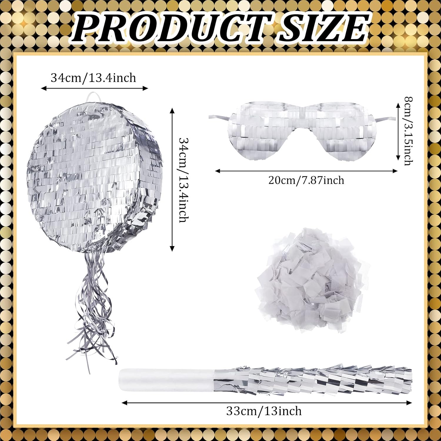 Disco Ball Small Piñata with Stick Blindfold and Confetti, Silver Foil Piñatas for Birthday Party Kids Adults Retro Birthday Game Party Decorations Supplies(Round)
