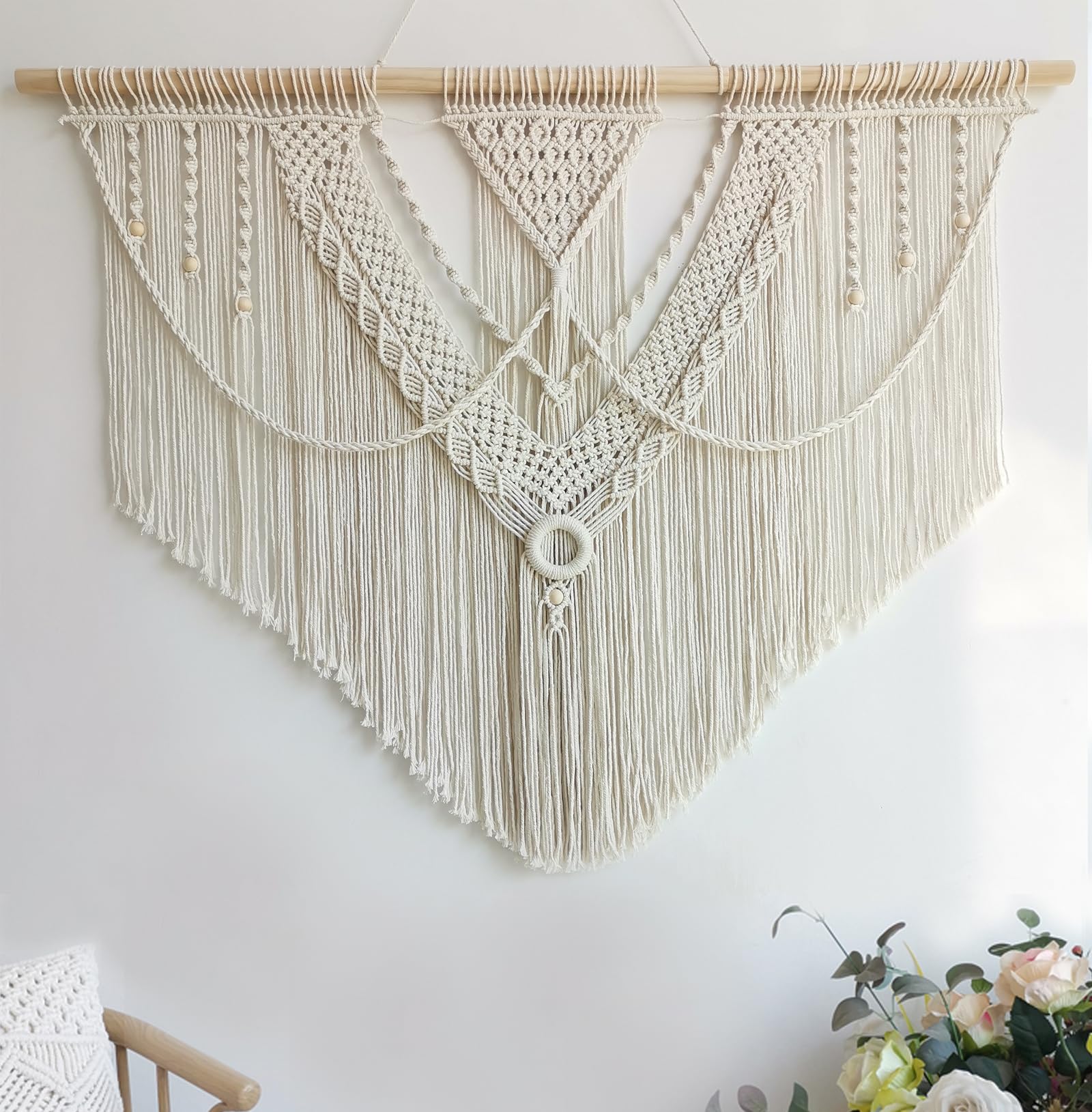 Achart Dreieckige Makramee Wandbehang - Boho Wandkunst - Große Wanddekoration für Schlafzimmer