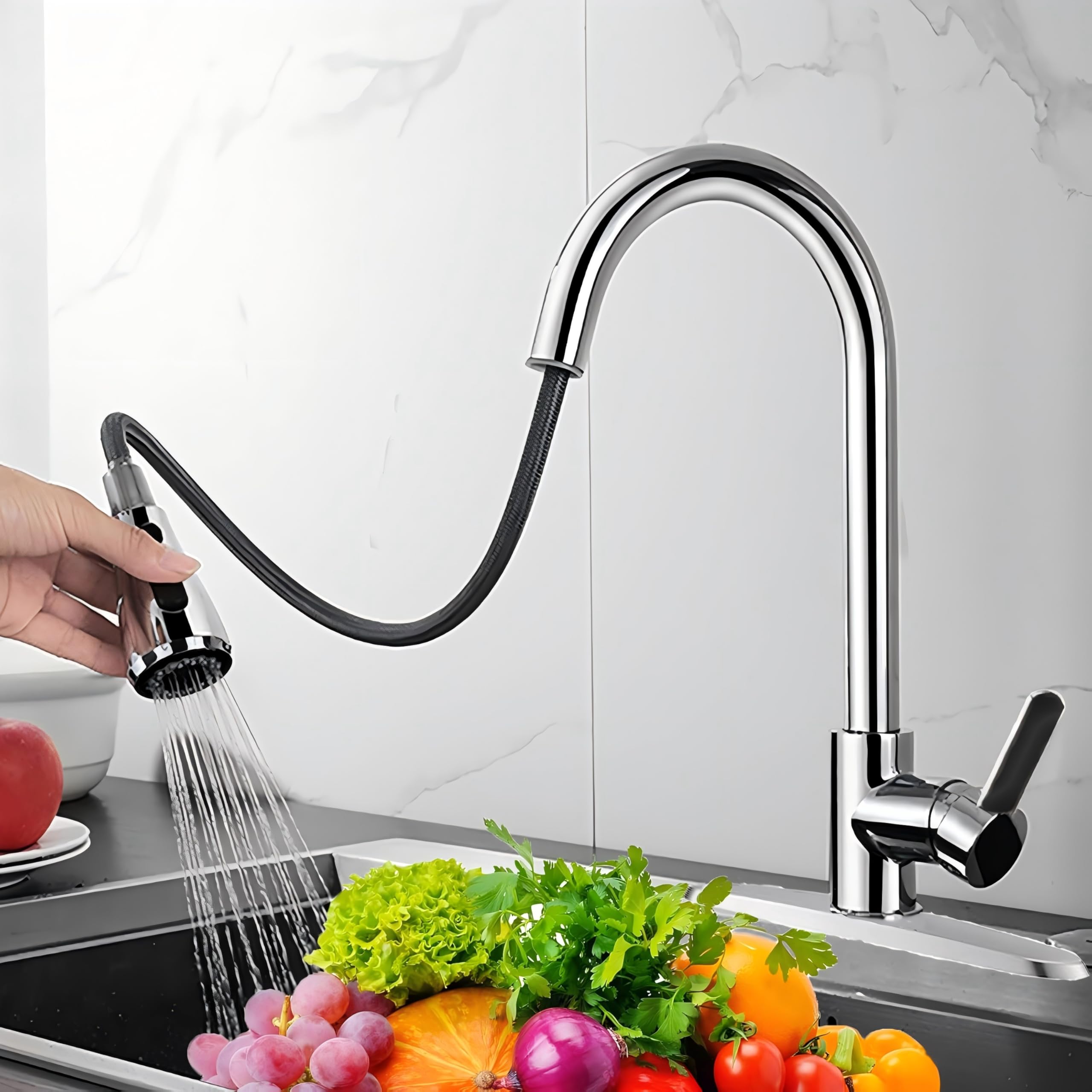 robinet de cuisine amovible, robinet de cuisine pivotant à 360°, mitigeur de cuisine en acier inoxydable à 3 modes, robinet haute pression pour évier de cuisine (chrome - grande tête)