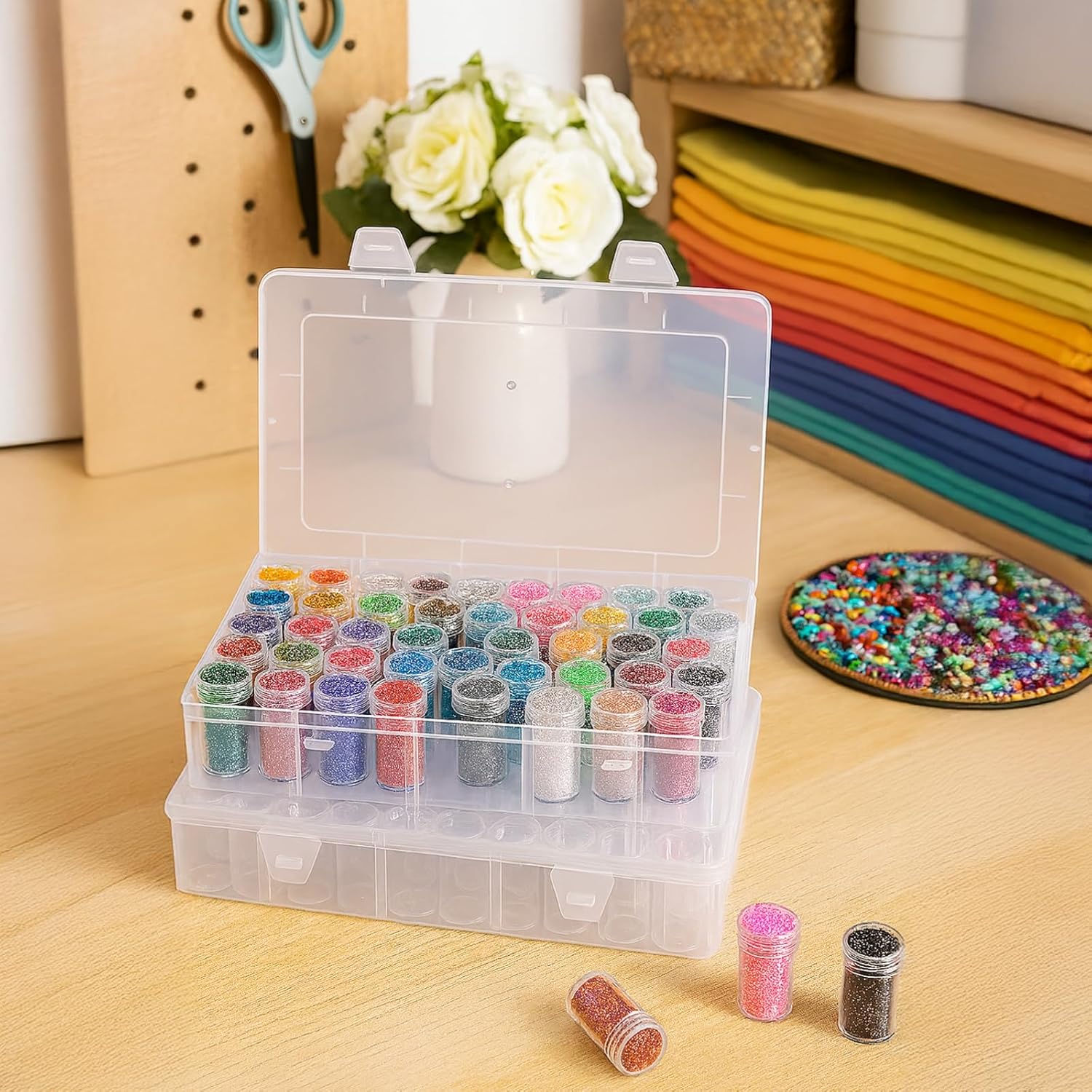 Painting Organizer Storage Box 60 Pcs, Bottles Bead Storage Container, Scale Markings and Labels Included, Plastic Case for DIY Jewelry, Crafts, Art Beads, 15 Ml / 0.5 Oz Screw