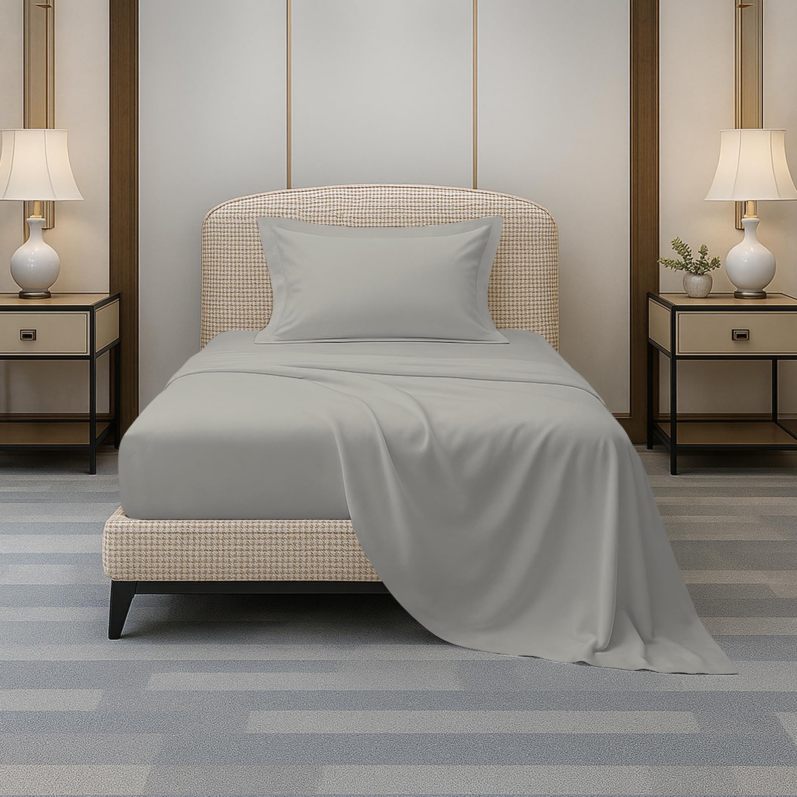 Pizuna Men's Silver 100% Cotton Single Bed Sheet Set 400 Thead Count Long Staple Cotton Bedding Set 180X280 Cm, Soft Sateen 3 Pc Single Bed Sheet Set - Fitted Sheet, Flat Sheet & 1 Pillowcase