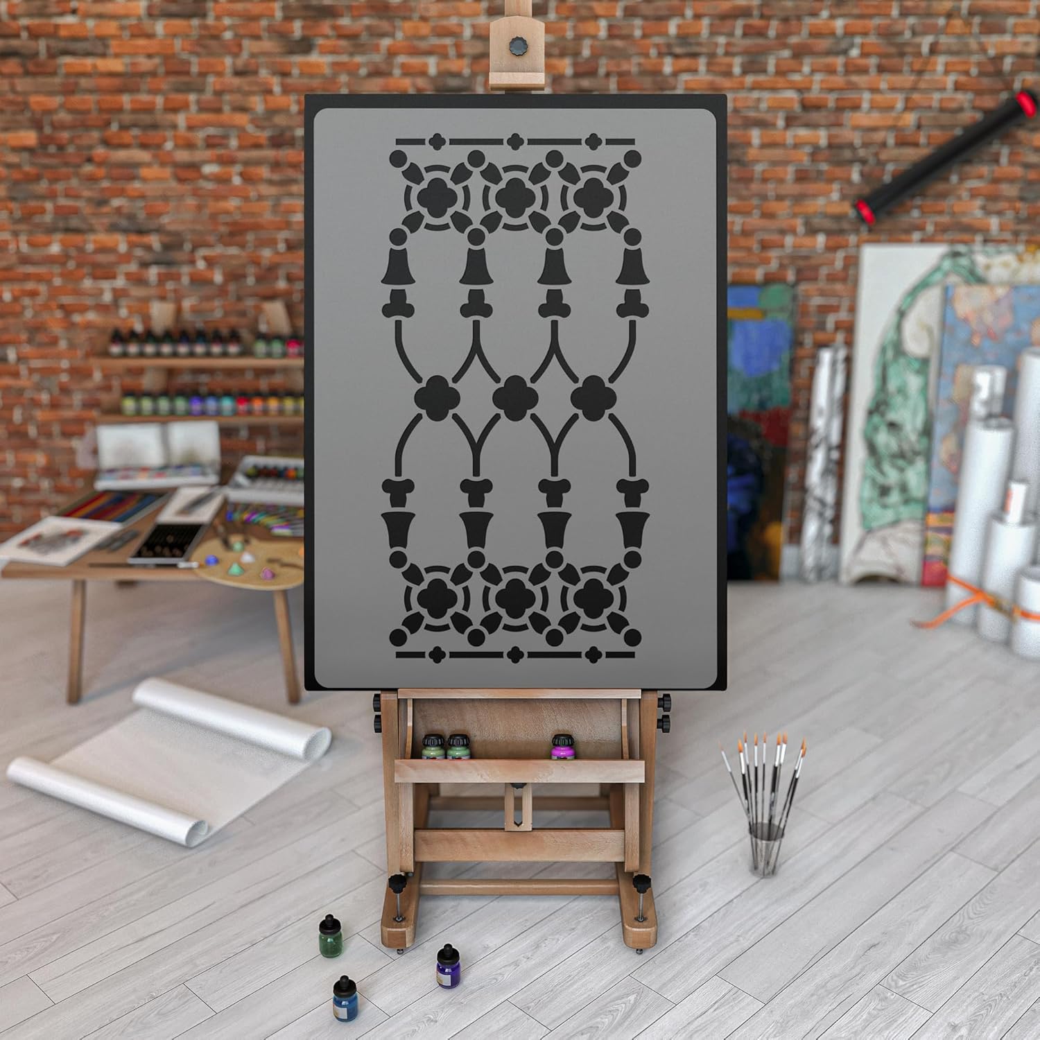NAKLEO Large Wall Painting Stencil 16,9" x25,2, Art Deco Balustrade Frame Gate Pattern, Reusable Plastic Template, DIY Art and Craft Home Decor, Floor Wood Fabric Furniture
