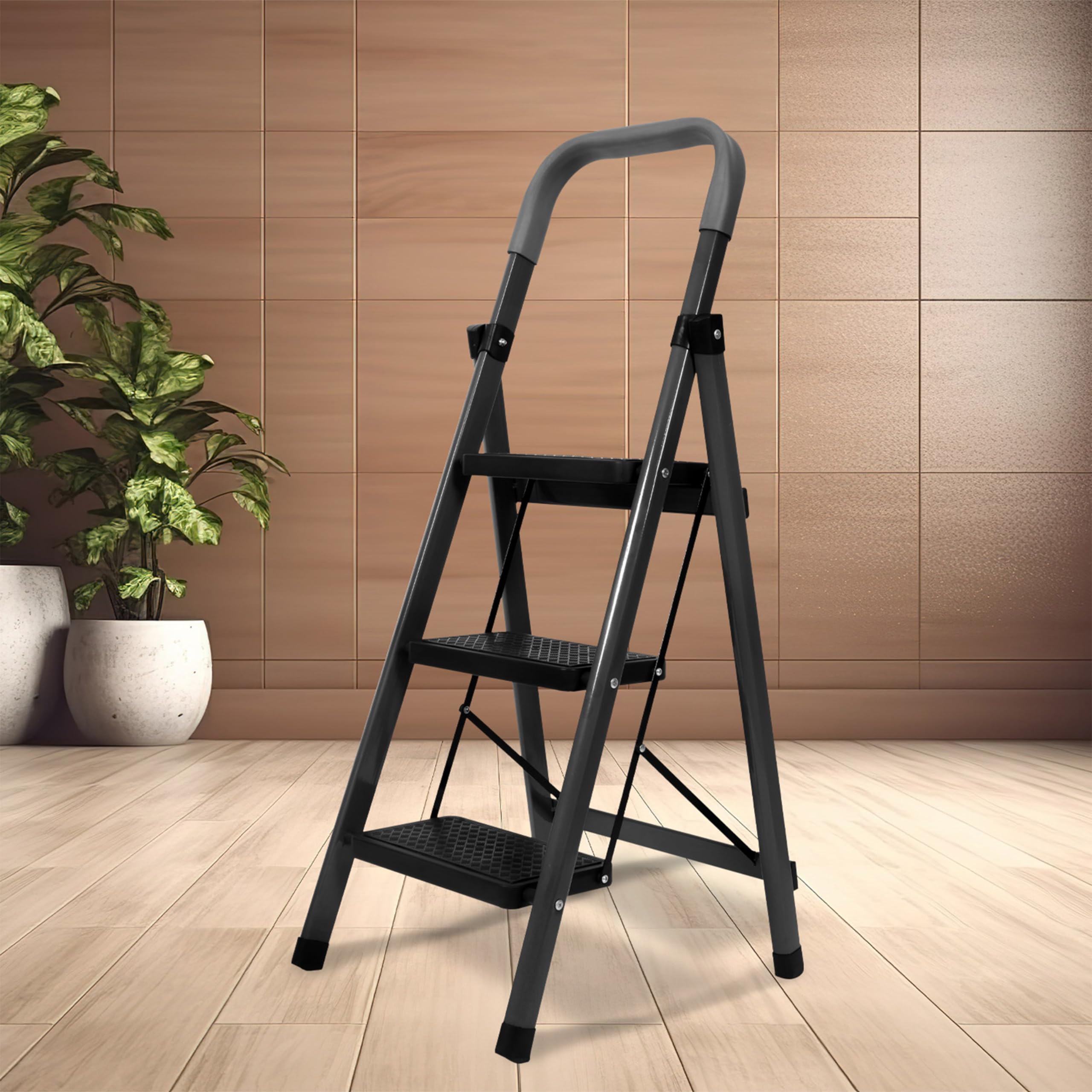 Equal 3-Step Ladder for Home | Carbon-Series Steel Folding Step Ladder with Wide Anti-Skid Steps | 5 Years Limited Warranty | 3 Step - Grey 3