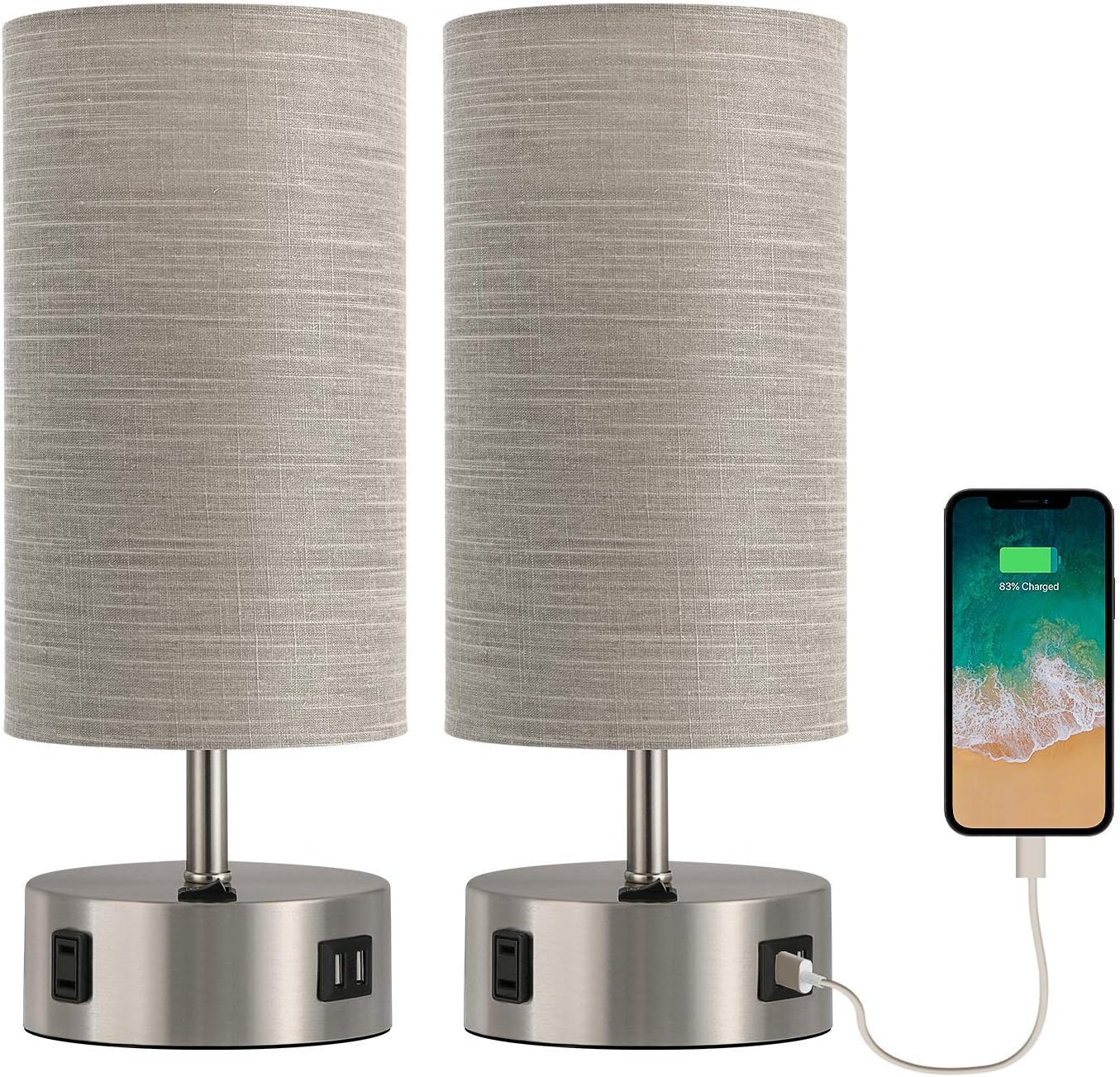 BOBOMOMO USB Bedside Table Lamp Set of 2 Desk Lamps 15'' with 2 USB Charging Ports & 1 AC Outlet Nightstand Lamp for Bedroom Living Room Study Room Silver & Grey