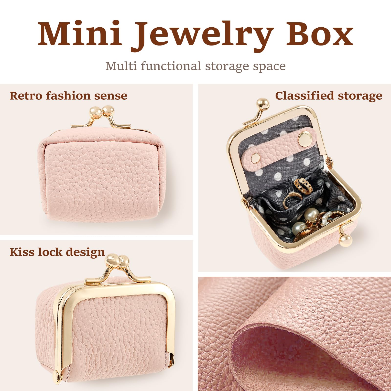 Genuine Leather Mini Jewelry Box with Kiss Lock Vintage Inspired