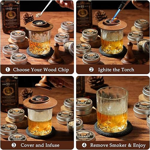 Miniatura 7 de Kit ahumador para whisky con antorcha - 6 sabores de astillas de madera, 2 vasos, 6 piedras para whisky, kit infusor para ahumar cócteles, kit