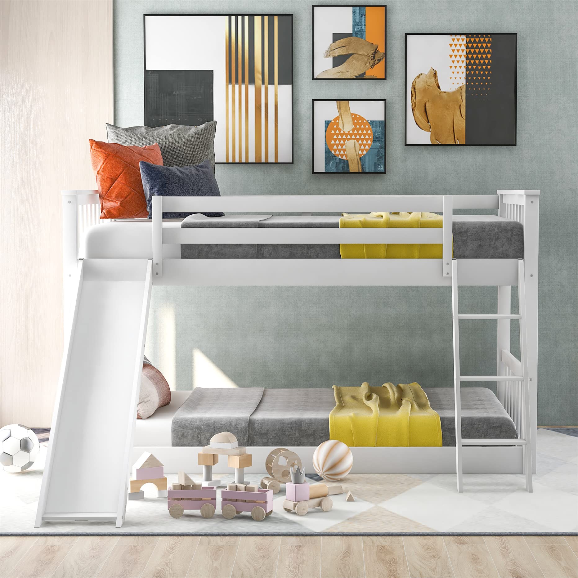 Harper & Bright Designs Low Bunk Bed for Kids, Solid Wood Twin Over Twin Floor Bunk Bed with Slide and Angle Ladders, Twin Bunk Bed for Kids Toddlers Teens (New, White)