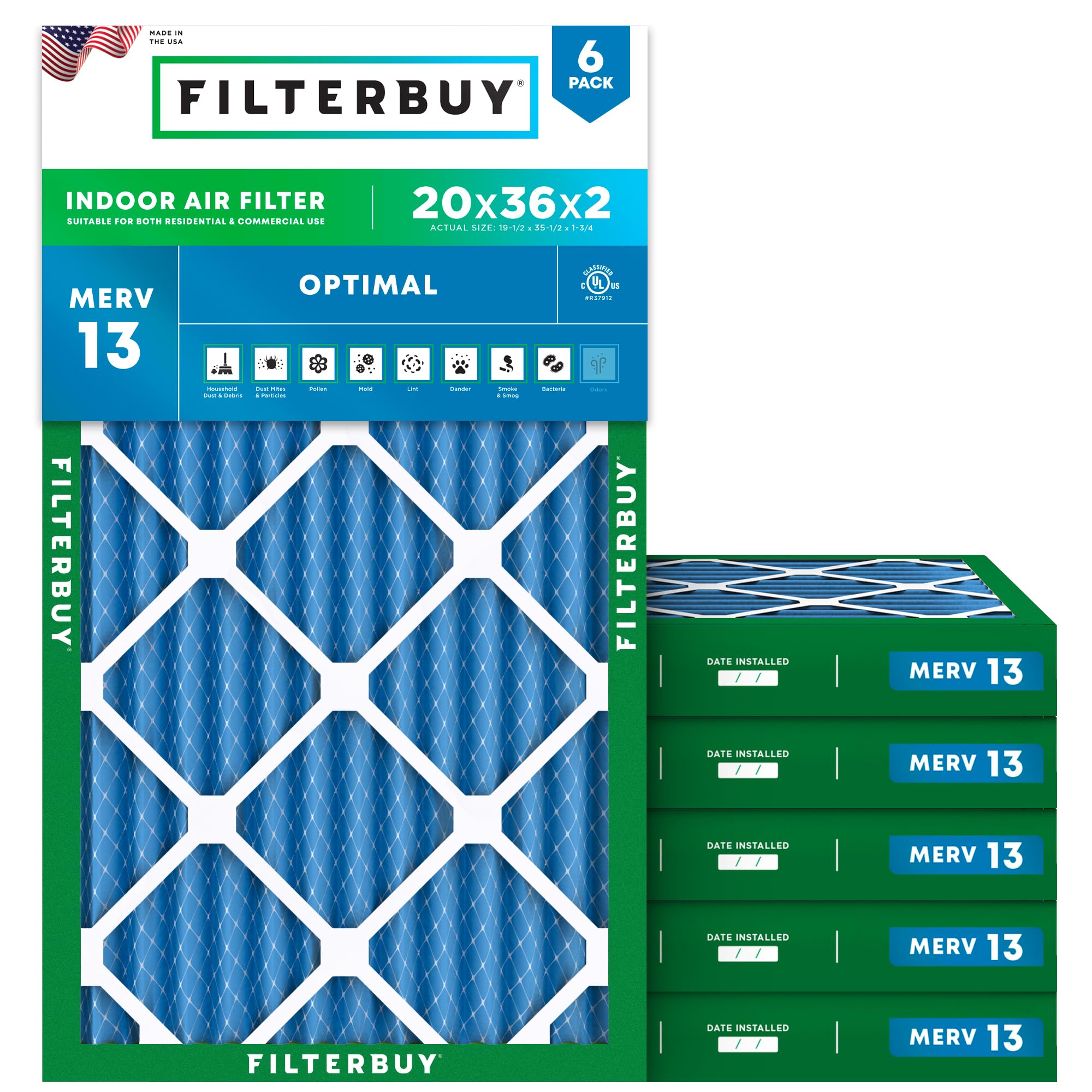 Filterbuy 20x36x2 Air Filter MERV 13 Smoke &amp; Allergy Defense (6-Pack)