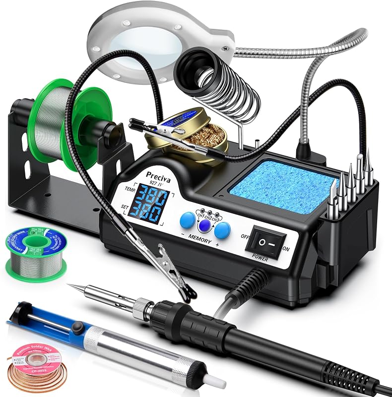 Preciva 927 IV Soldering Station Kit, 130W MAX Soldering Iron with 2 Helping Hands,Magnifying Glass,5 Extra Iron Tips,3 Preset Channels, Adjustable Temperature 194°F to 896°F