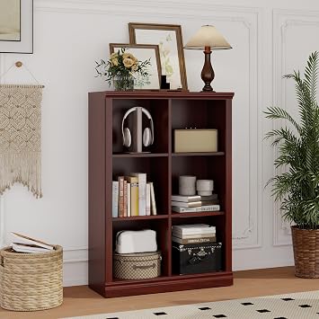blini 6-Cube Storage Organizer,Mahogany Wooden Bookshelf with Open Shelf, Modern Bookcase for Bedroom, Living Room, Office & Entryway
