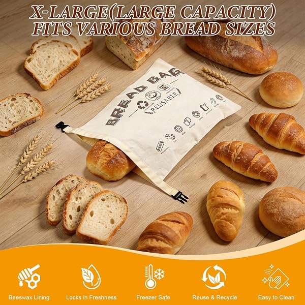 Sac À Pain En Cire D'Abeille - Lot De 2 Réutilisables 43 X 33 Cm - Sacs De Rangement En Coton Recouvert De Cire D'Abeille Naturelle Pour Pain Et Pâtisseries - Garde Votre Pain Frais Plus Longtemps - 2
