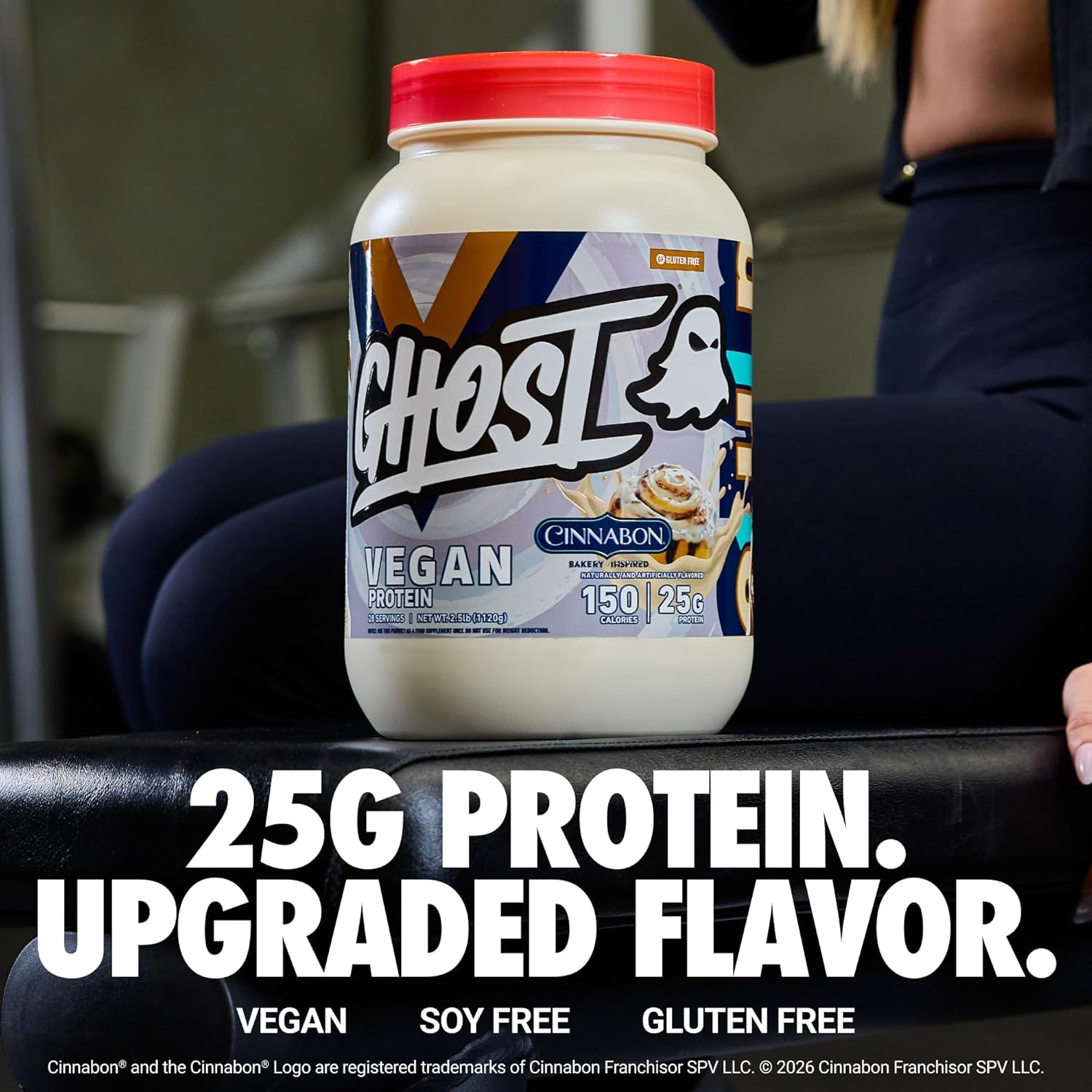GHOST Vegan V2 Protein Powder, Cinnabon – 2.5LB Tub, 25G of Protein - Plant-Based Pea & Organic Pumpkin Blend Protein with Fiber & Iron ­- Flavored Post Workout Shakes - Soy & Gluten Free