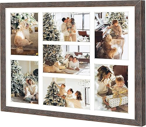 Miniatura 2 de Golden State Art, Juego de 3 marcos de collage de madera marrón envejecida de 13.7 x 15.7 pulgadas, paspartú blanco, muestra siete fotos de 4 x 6,