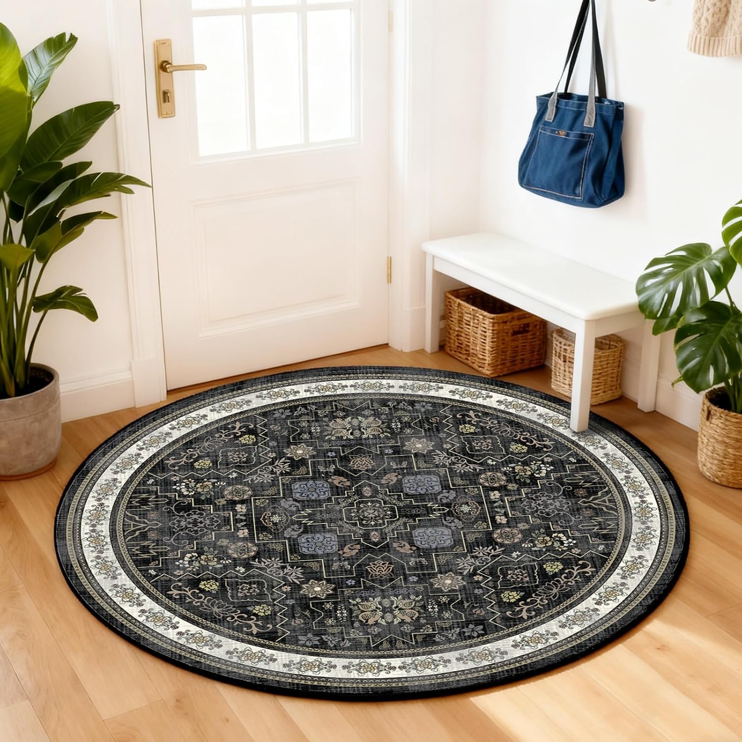 Round Rug 4ft Vintage Boho Small Circular Rug Washable Circle Rug Non-Slip Low Pile for Bedroom Kids Room Office Entryway College Dorm Bathroom, Black