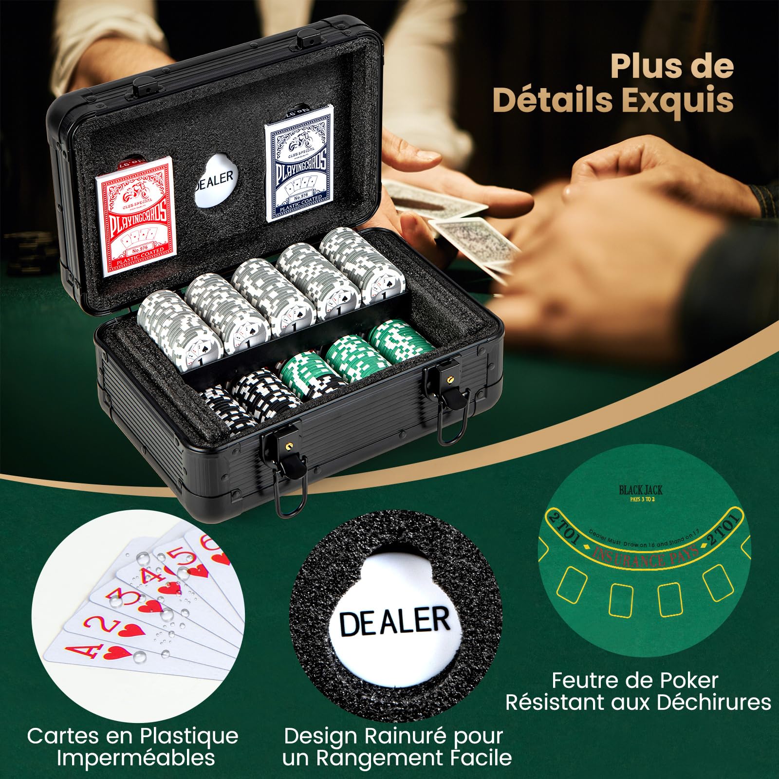 COSTWAY Mallette de Poker en Aluminium avec 300 Jetons & 2 Jeux de Cartes, Coffret de Poker Verrouillable avec 1 Dealer & Tapis en Feutre & 2 Clés pour Casino Fête Voyage