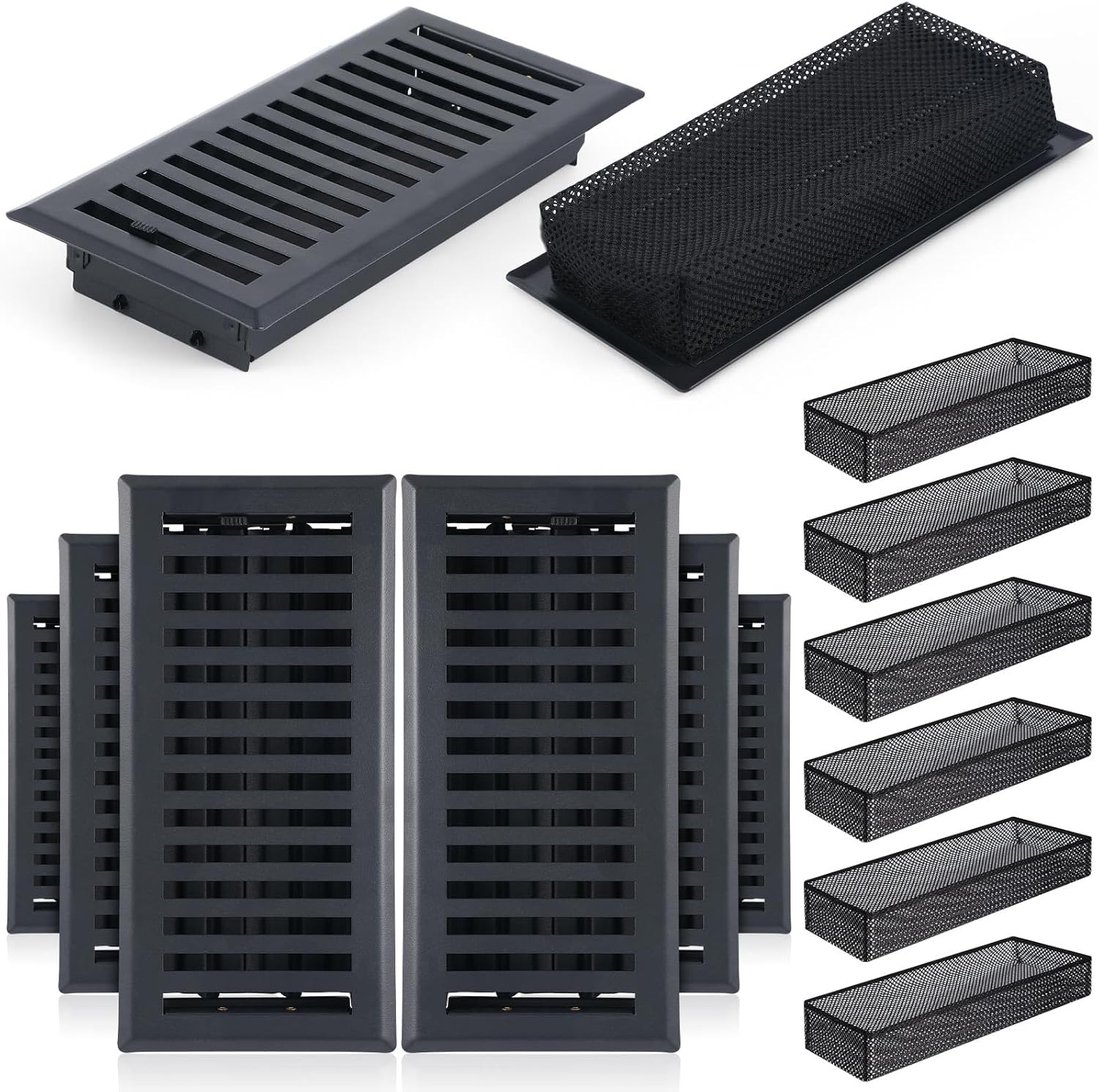 Baquler 12 Pcs 4" x 10" Floor Register with Cover Trap, 6 Heavy Duty Metal Walkable Vent Covers & 6 Vent Filters for Home Floor Replacement, Keeps Hair Food Debris Out, Pet Proof