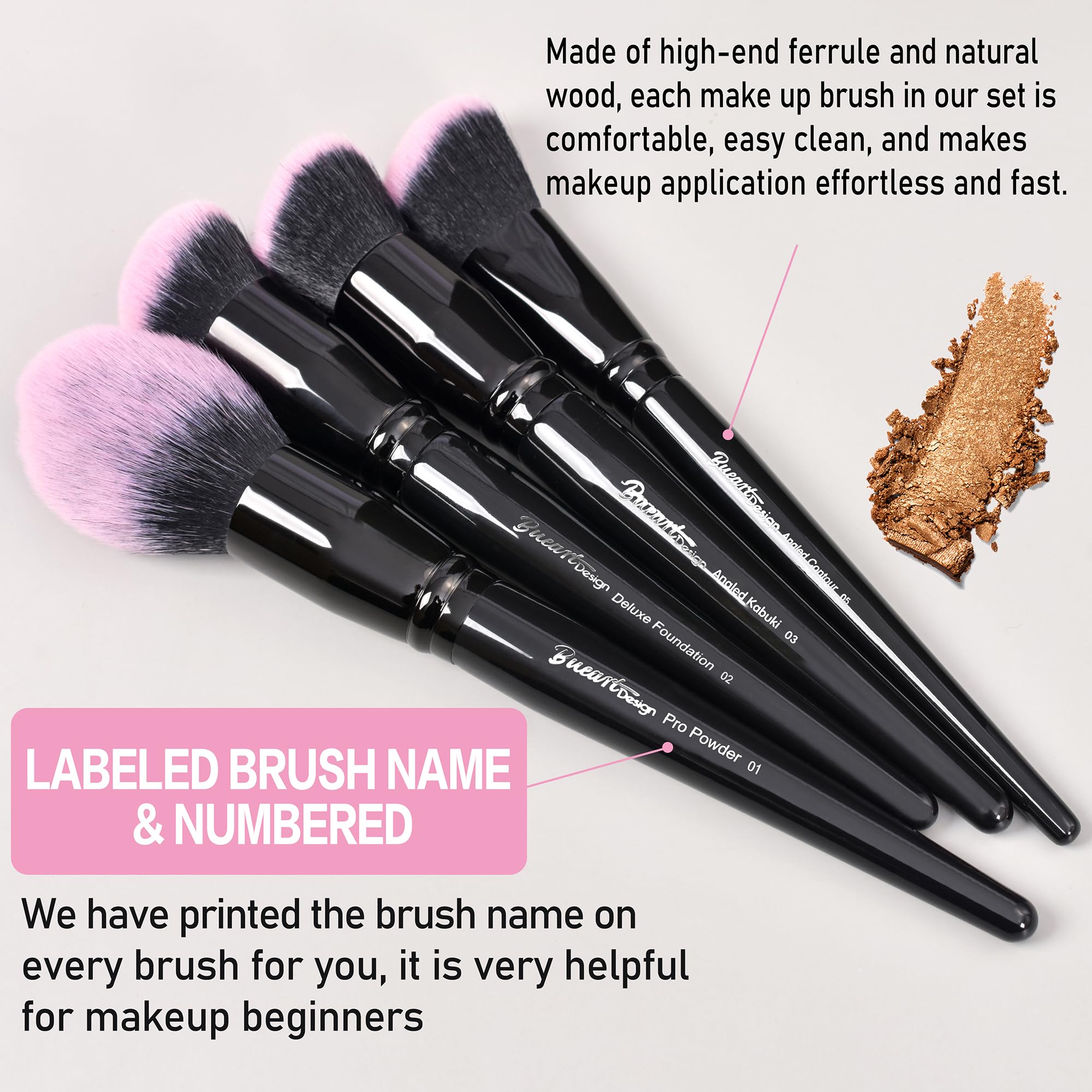 Bueart Design Juego de 18 brochas de maquillaje Pro Deluxe fucsia rosa negro con estuche de viaje para brochas de maquillaje, base, corrector, contorno, rubor, sombra de ojos, juego de brochas de