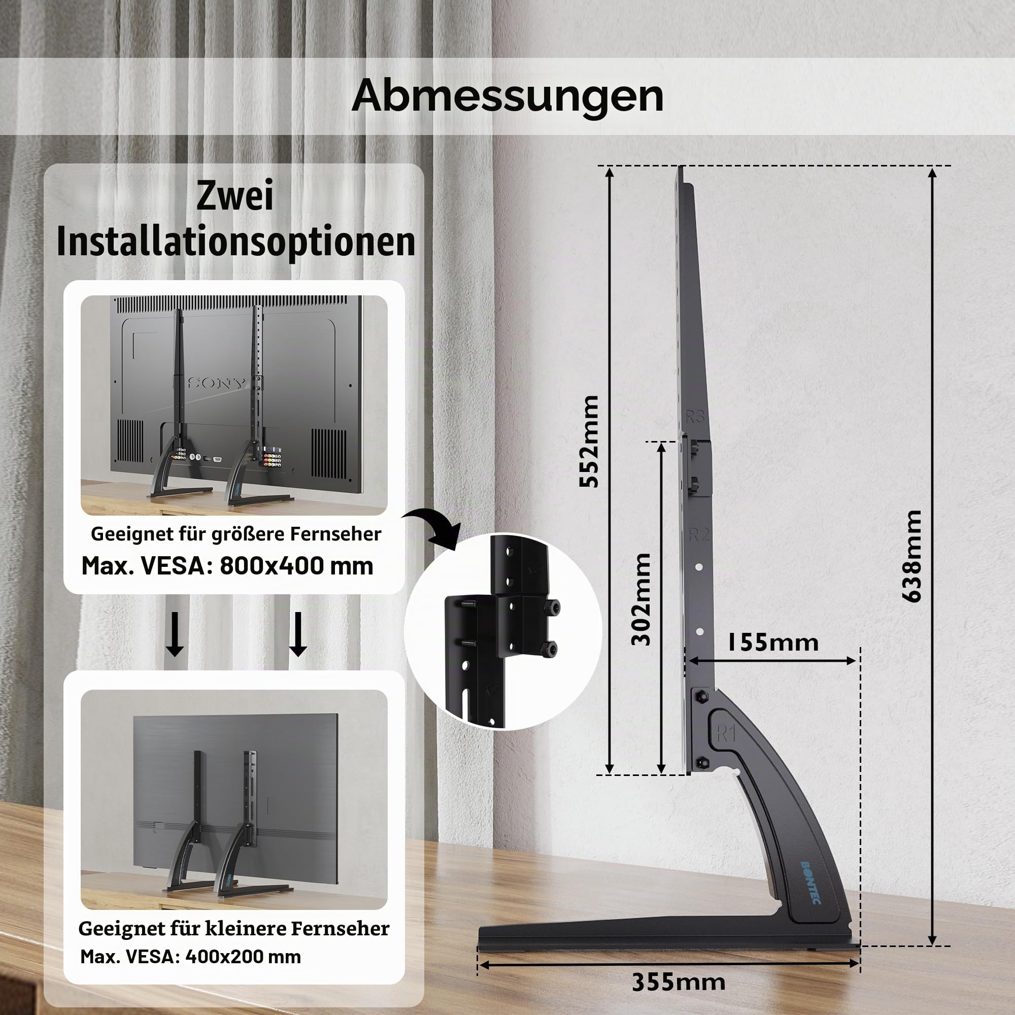 BONTEC TV Standfuß für 22–65 Zoll Fernseher, Höhenverstellbarer Universal Standfuß bis 50 kg, Kompatibel mit VESA 50×50 bis 800×400 mm, Stabile Stahlkonstruktion, Platzsparendes Design