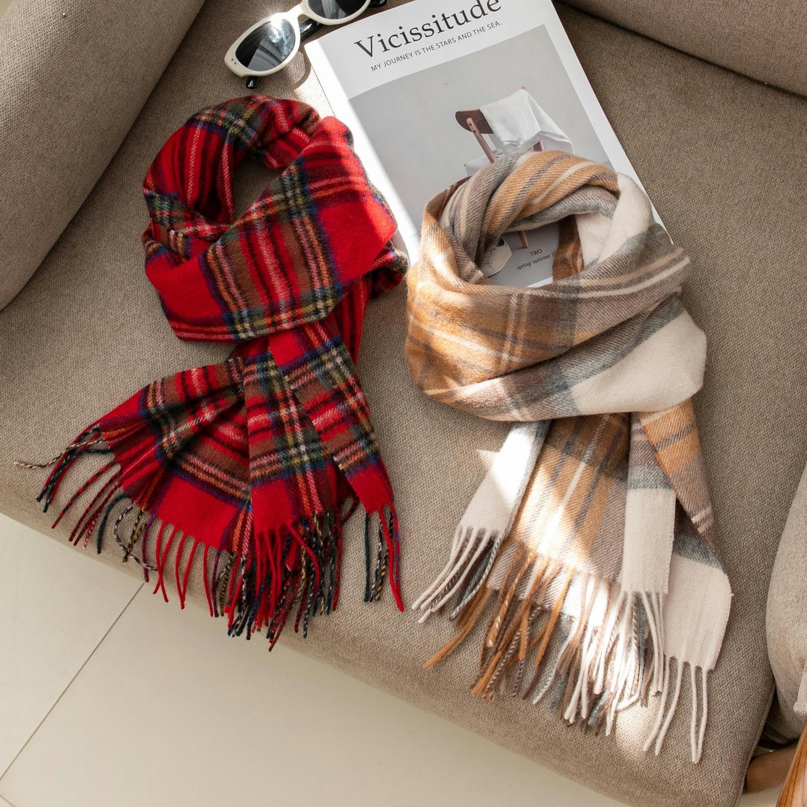 Sciarpa Donna in Cashmere Scozzese, Colorata e Calda per Autunno Inverno - Azzurro - 30 * 180 Cm