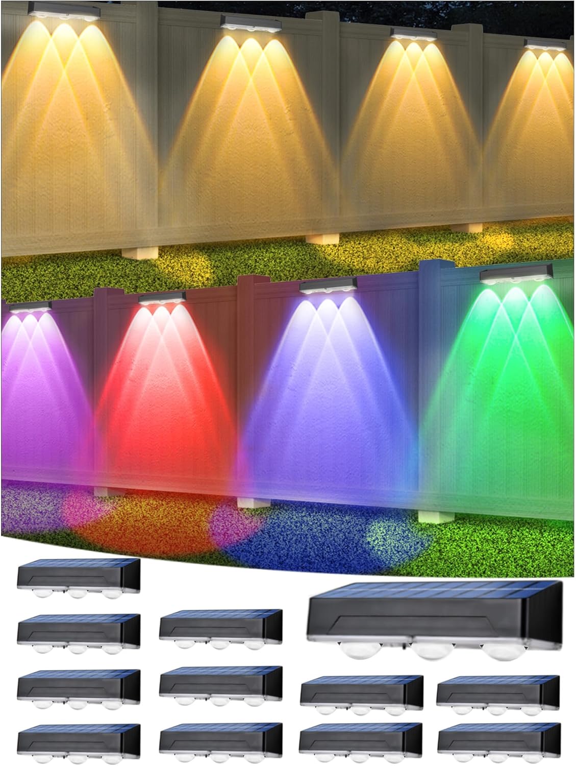 INDARUN Solar Fence Lights Outdoor 12 Pack, Warm White & Cool White & RGB Color Changing Fence Lights, with 3 Lens LEDs & 12 Modes, IP65 Waterproof, for Patio Porch Backyard Decor