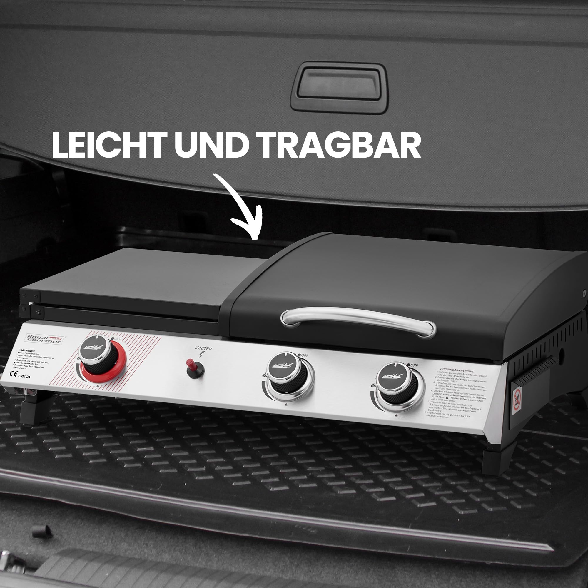 Royal Gourmet 8,5 kW Gasgrill, 3 in 1 Tischgrill mit Grillen, Braten, Kochen, 3 Brenner Tragbarer Picknickgrill Campinggrill mit Klappbare Seitenablage Schwarz