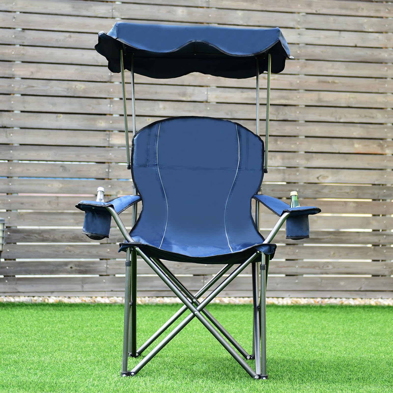 COSTWAY Campingstuhl faltbar mit Sonnenschutz, Klappstuhl mit Getränkehaltern, Angelstuhl XXL, bis 120 kg belastbar, Faltstuhl mit Tragetasche, für Camping, Angeln