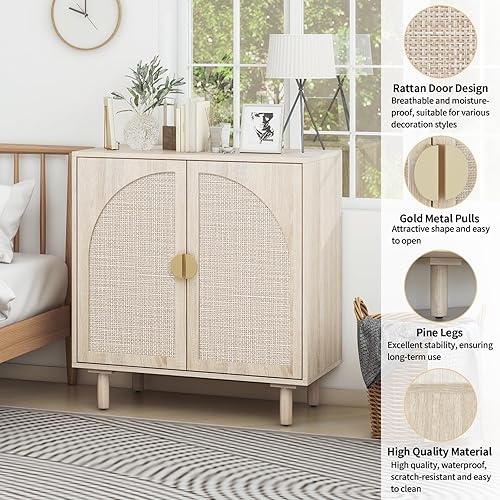 Miniatura 3 de Aparador de ratán de 2 puertas - Armario de buffet con almacenamiento, armario de almacenamiento de acento, creenza de madera bohemia para sala de