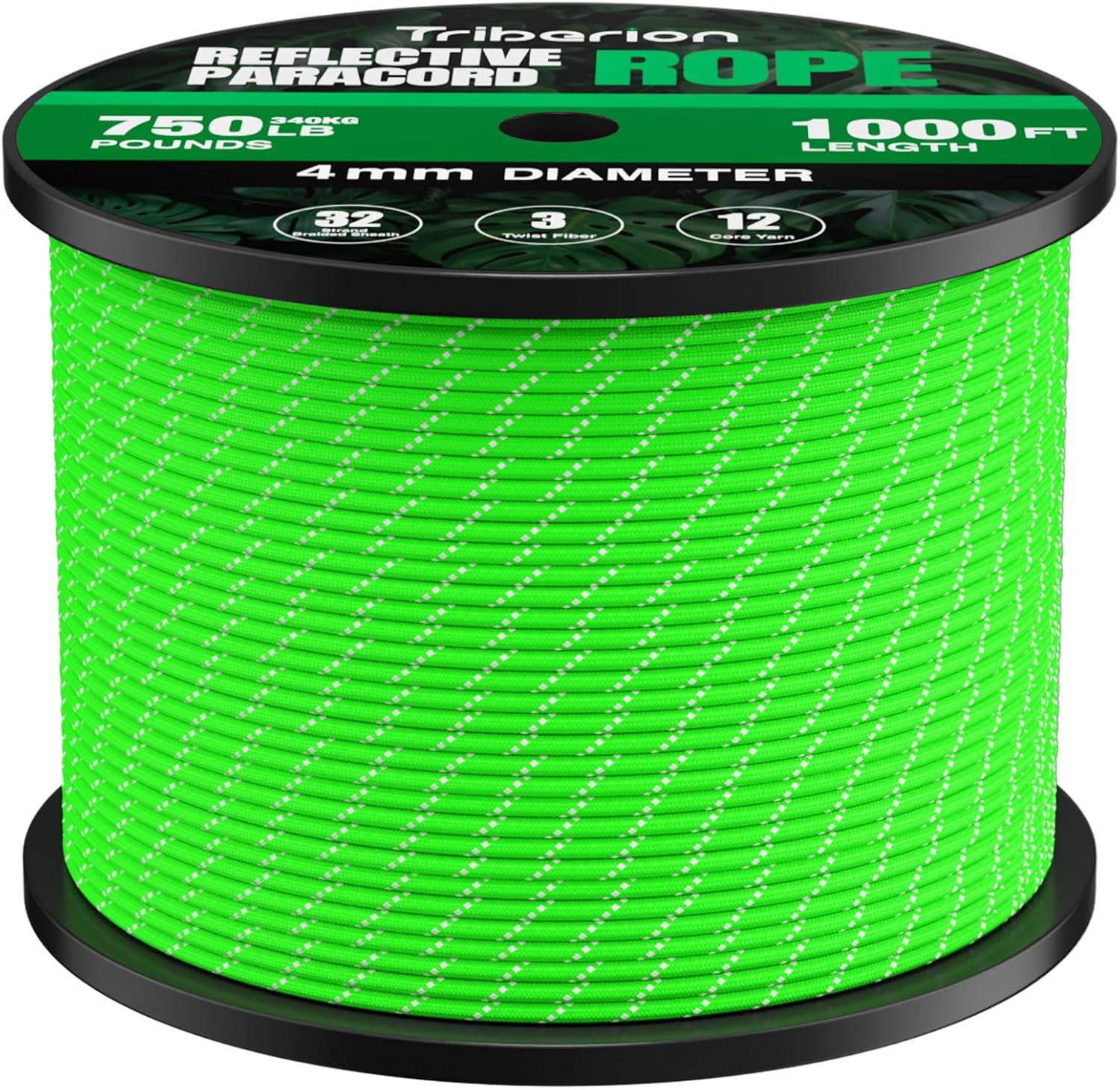 Reflective Paracord Rope 750 lb - 1000ft 5/32" Parachute Cord 4MM 12-Strand para Cord - Heavy Duty Spool String for Survival,Camping Gear, Survival Bracelet, Clothesline - Neon Green