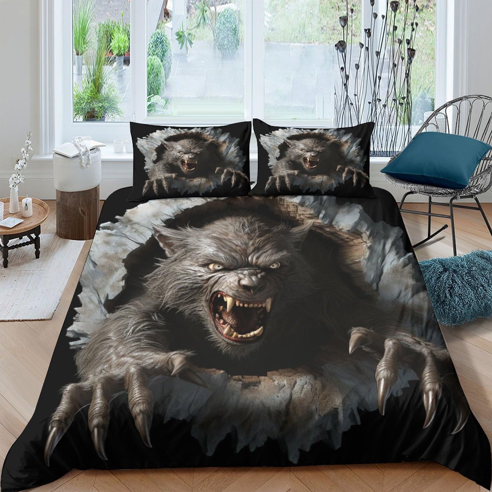 Housse de couette loup 3D 200x200 cm en microfibre avec 2 taies d'oreiller