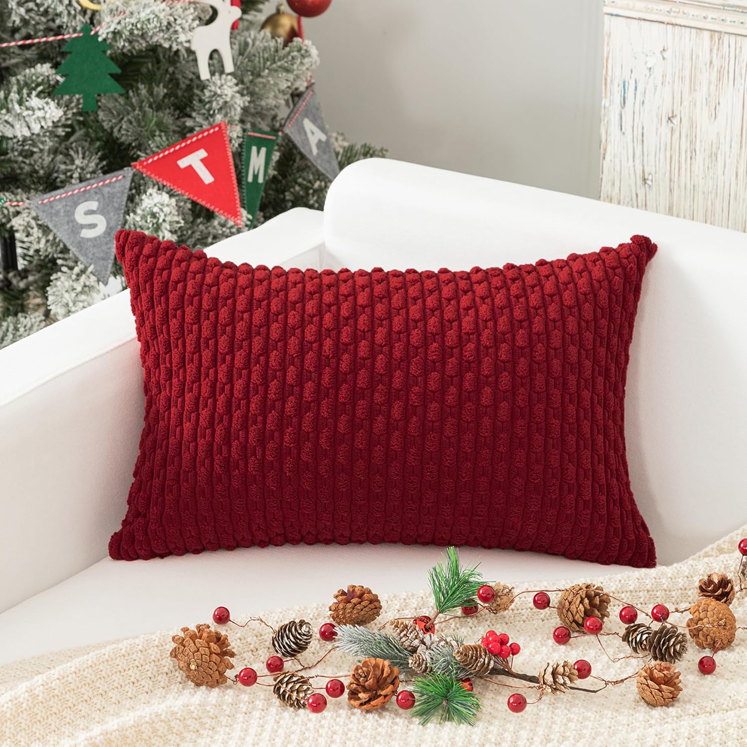 Kevin Textile Valentines 12x20 Inch Pillow Cover 1 Pack Boho Decorative Soft Striped Corduroy Lumbar Farmhouse Color Accent Rectangle Cushion Case for Living Room Couch Sofa Bed, Burgundy